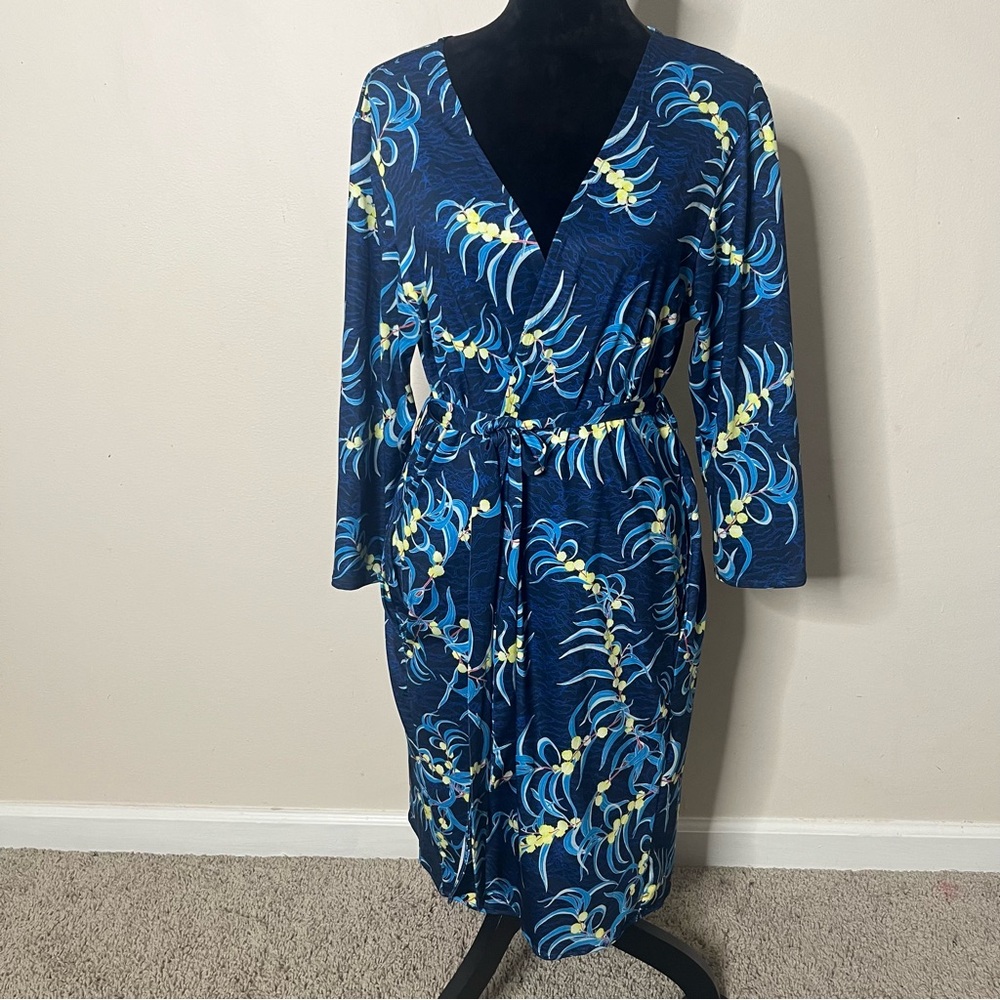 David Shepard X Hawaii Women’s Blue Yellow Floral V~Neck Belted Wrap Dress L~NWT